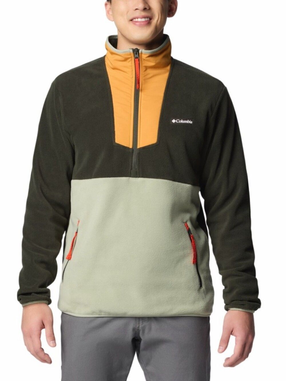 Columbia Mens Orange Green Sequoia Grove Half Zip Fleece Sweater Size Large